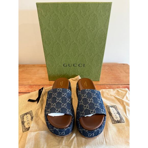 Gucci Shoes - Gucci Monogram GG Denim Slides - NWT - Women's Size 8/38